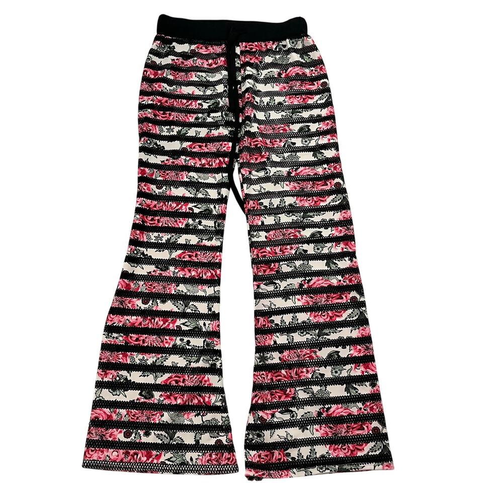 Esti Couture Mesh Flare Pants Rose Floral Striped Pink Black One Size OS